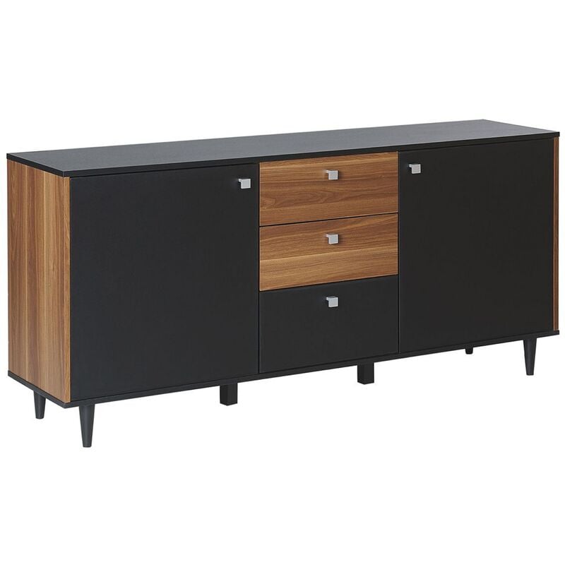 Modern Living Room Sideboard Cabinet 3 Drawers 2 Doors Black and Dark Wood Kuro