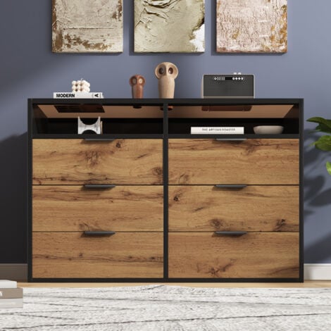 Sideboard Cabinet Dresser with 6 Drawers and 2 Open Shelves ,Amber glass chest of drawers,Dressing table for Living Room, Bedroom, 120 x 40 x 80 cm, Oak