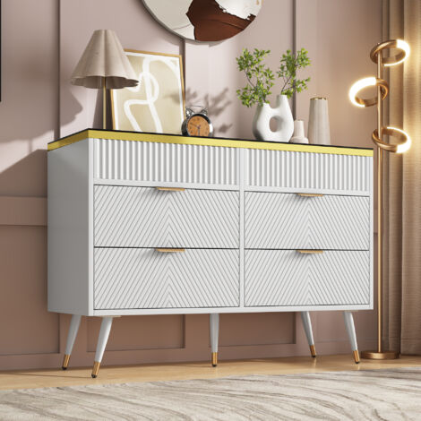 Sideboard Cabinet Dresser with 6 Drawers,Amber glass chest of drawers, Compartmentalised storage,Dressing table for Living Room, Bedroom, 120 x 40 x 76 cm, White