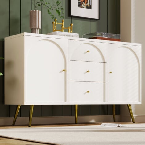 MODERNLUXE Sideboard Cabinet for Living Room, Chest of Drawers with 2 doors and 3 drawers, Adjustable shelf, Cream White, 40D x 140W x 84H CM