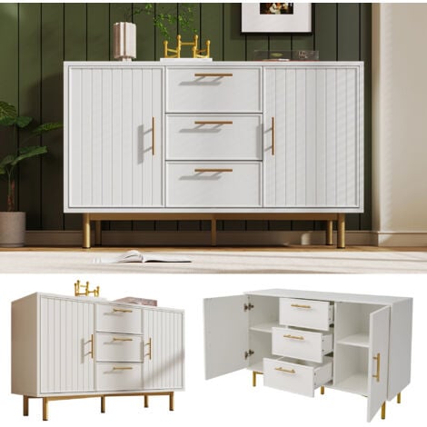 Sideboard Cabinet for Living Room, Chest of Drawers with 2 doors and 3 drawers, Adjustable shelf, White, 40D x 120W x 75H CM
