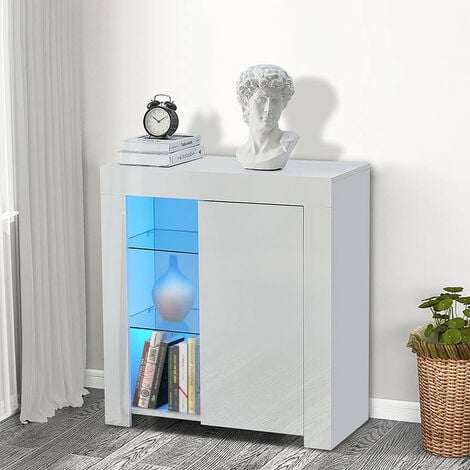 CLIPOP Sideboard Cabinet, High Gloss Cupboard Storage Unit with Adjustable 16 Colors USB LED Lights for Dining Room Home Furniture, White