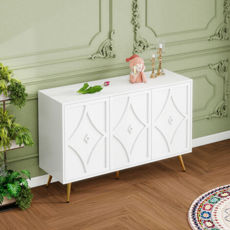 Sideboard en MDF et panneaux de particules blanc 120x40x80 cm, 3 portes à relief 3D, pieds métal doré