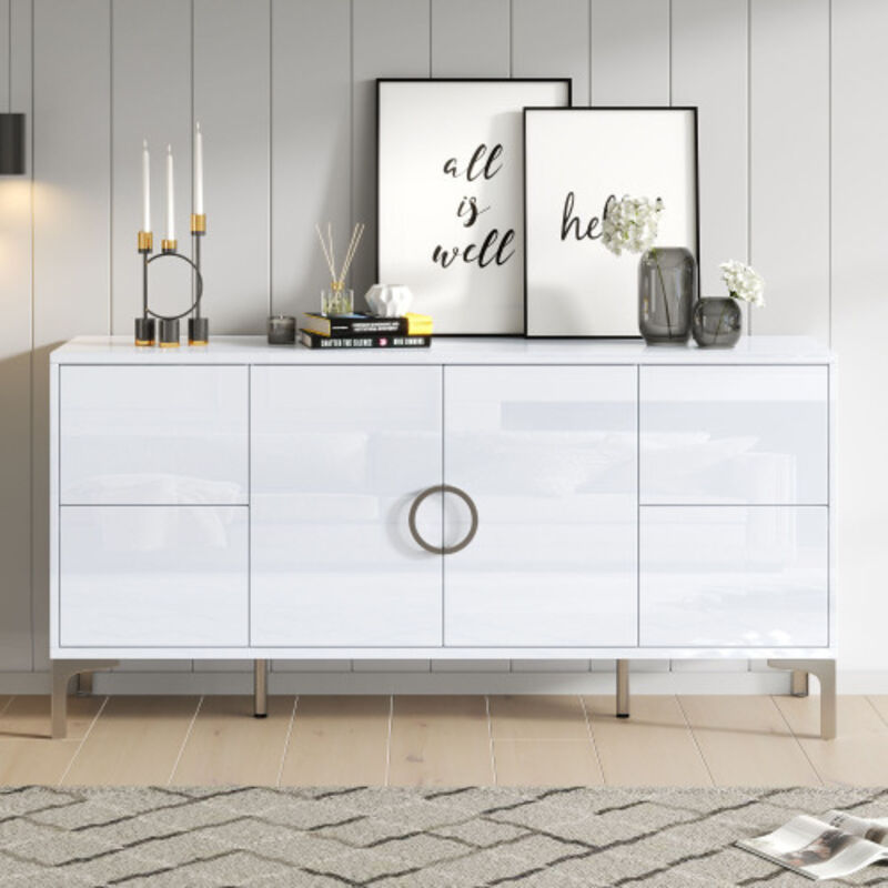 Okwish Sideboard, Esszimmermöbel Mit 4 Schubladen, 2 Türen, Metallfüßen, Grifflosen Fächern, Aus Weißem Mdf, 150x38x59, 5 Cm