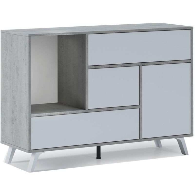 Sideboard für Wohn-/Esszimmer, Buffetschrank mit WIND 1 Tür, 3 Schubladen, Strukturfarbe ZEMENT, Tür und Schubladen Farbe MATT WEISS. Größe: