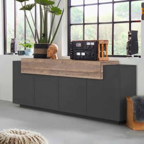 AHD AMAZING HOME DESIGN Sideboard für Wohnzimmer Anrichte schwarz und Holz 200cm 4 Fächer Corona Side Hound