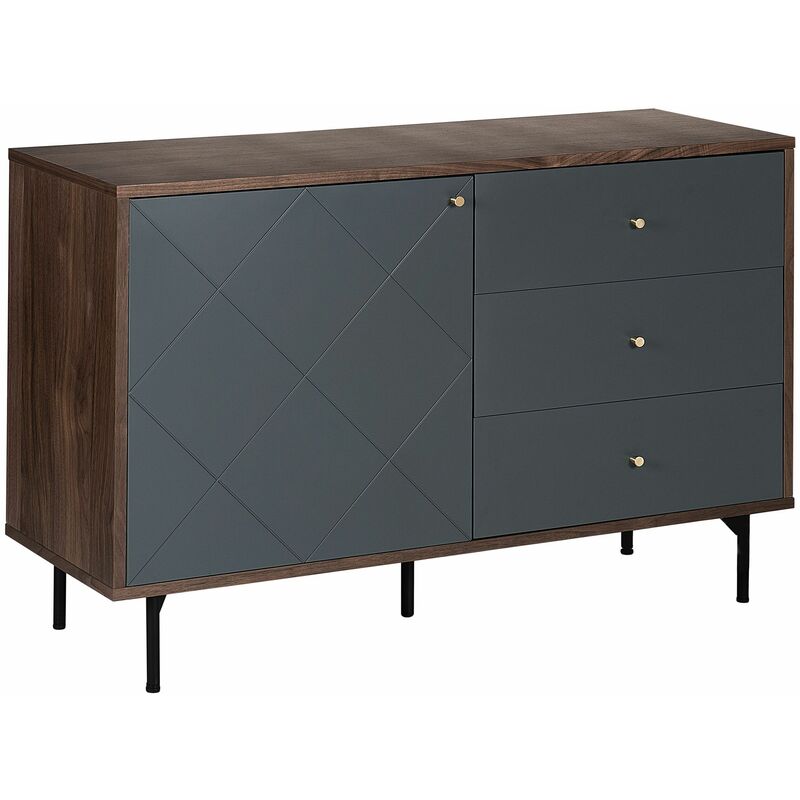 Sideboard Grau Dunkler Holzfarbton MDF Platte Pulverbeschichtetes Metall Aluminium 76 x 120 x 40 cm Modern 3 Schubladen Tür Stabil Wohnzimmer - Grau