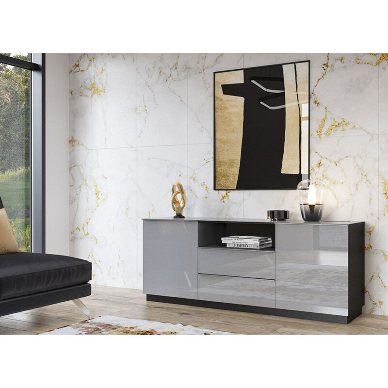 Sideboard grau Wohnzimmer HOOVER-83 modern mit Glasfronten und schwarzem Korpus, B/H/T: ca. 180/71/48 cm