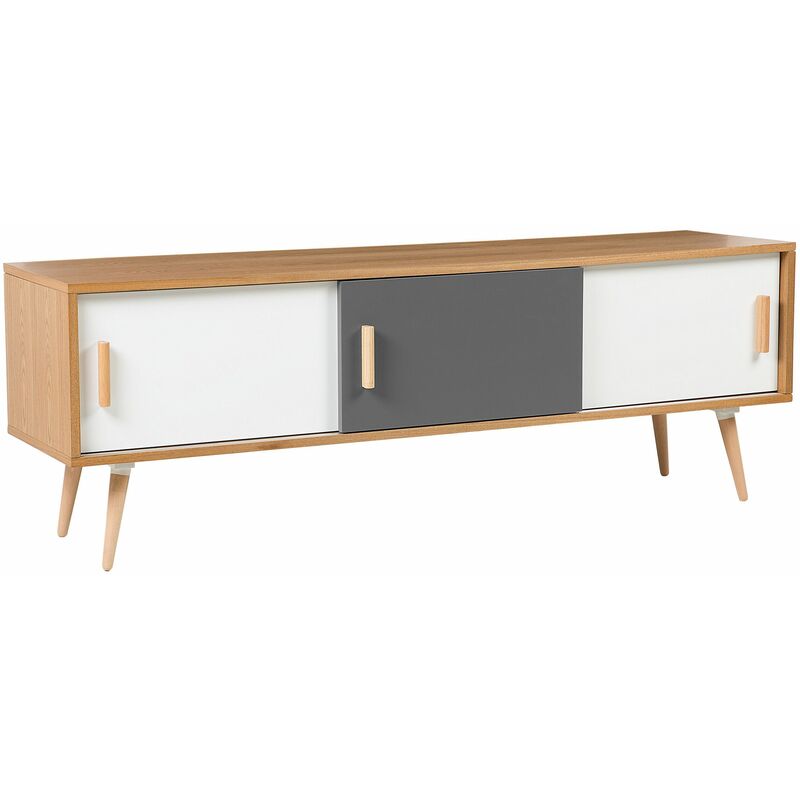 Beliani - TV Lowboard Heller Weiß / Grau / Holzfarbton MDF Platte Buchenholz 55 x 160 x 40 cm Modern Trendy Elegant 3 Schränke Wohnzimmer - Weiß