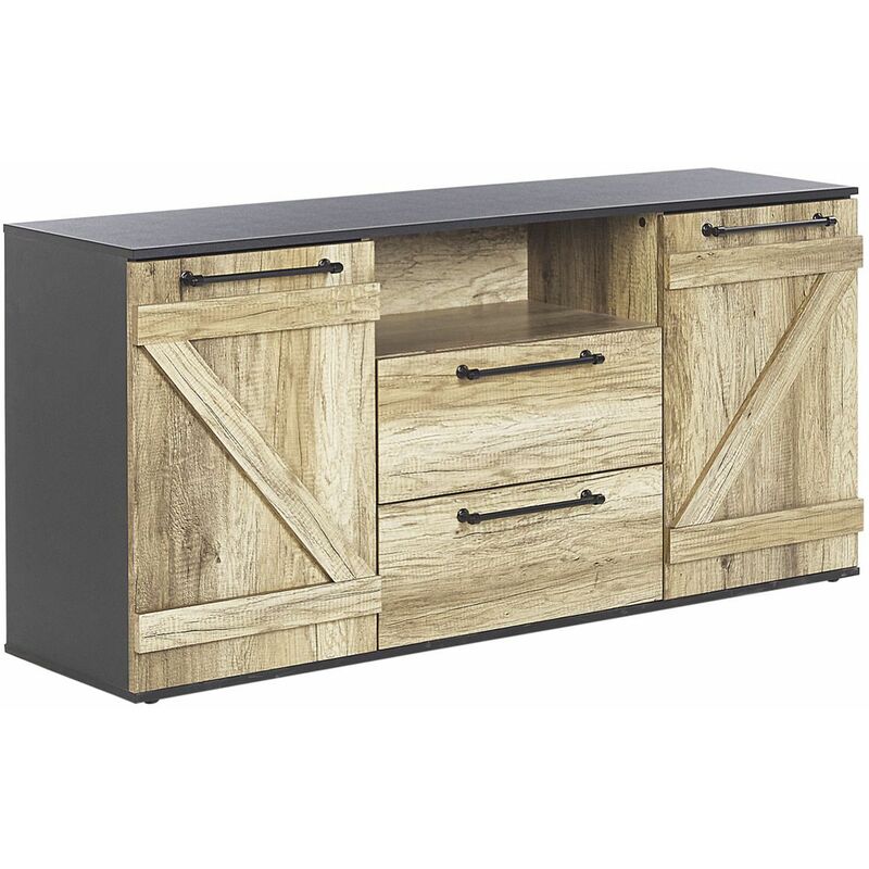 Sideboard Heller Holzfarbton/ Schwarz aus Holzspanplatte mit Metallgriffen 2 große Schubladen und 2 Schränke Wohnzimmer Modernes Design - Heller