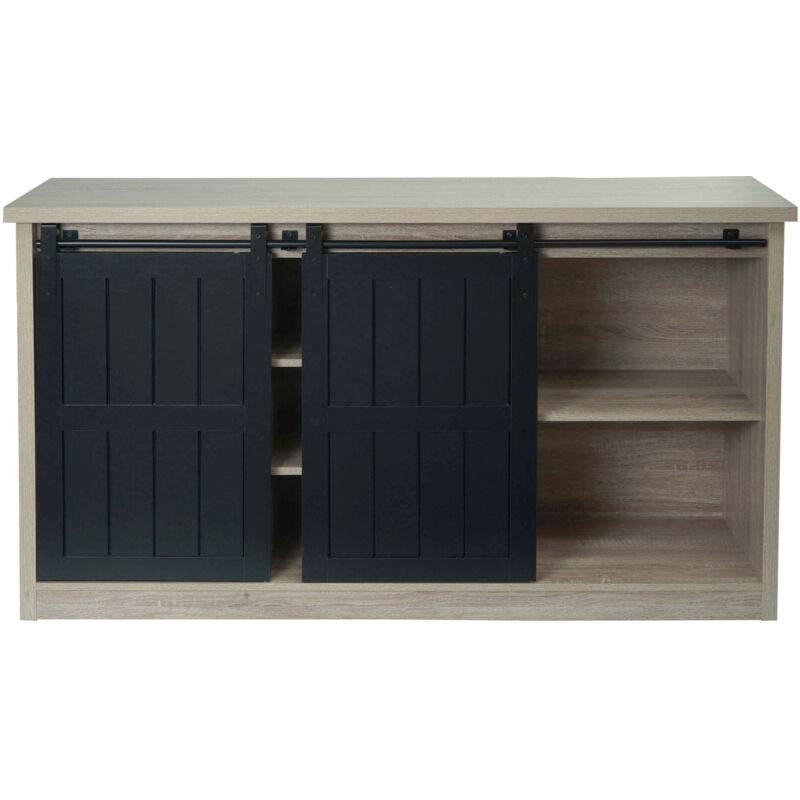 Jamais utilisé] Sideboard HHG 158, Highboard étagère armoire porte coulissante 7 compartiments imitation bois métal industriel 84x150x40cm, naturel