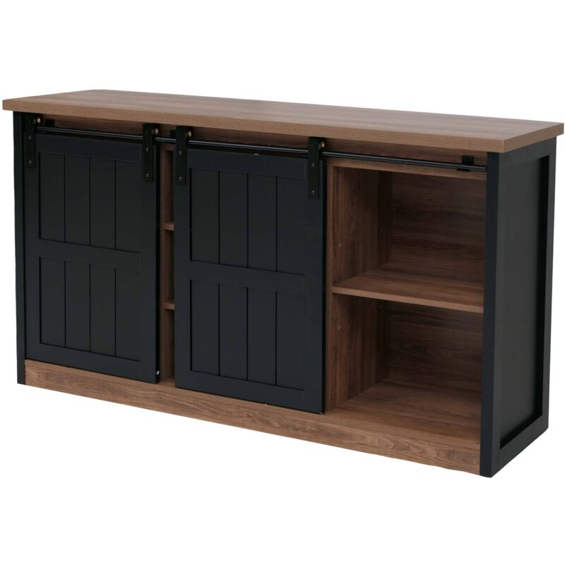 Buffet HHG 158, buffet haut étagère armoire portes coulissantes 7 compartiments aspect bois industriel métal 84x150x40cm, brun-noir