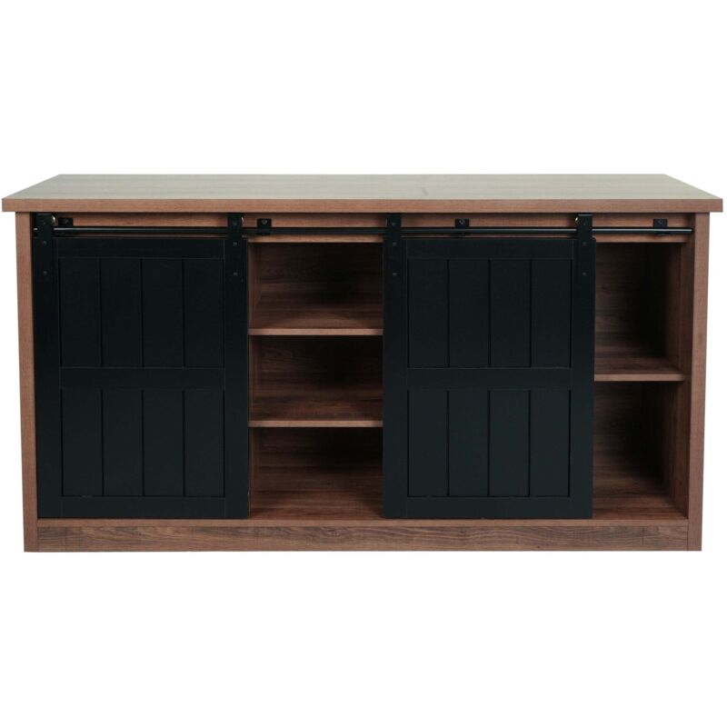 HHG - Sideboard 158, Highboard étagère armoire porte coulissante 7 compartiments imitation bois métal industriel 84x150x40cm, brun
