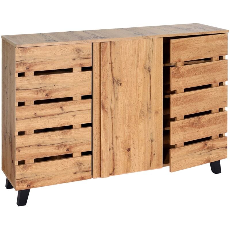 Sideboard HHG 625, Commode Armoire Buffet, 3 portes 8 compartiments de rangement 88x120x34cm, teinte naturelle