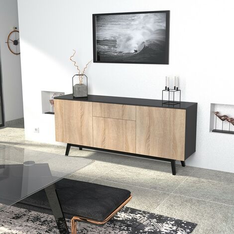 Sideboard HOME 3 Türen 1 Schublade / Schwarz und Eiche gebleicht/ 180x42x80 cm