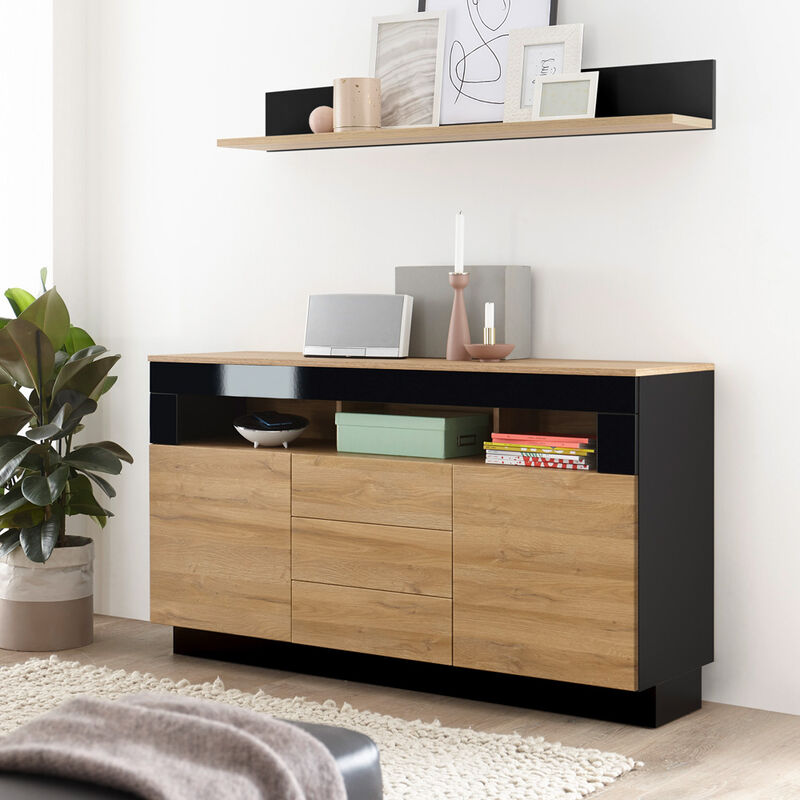 Sideboard in Hochglanz schwarz CHUR-61 mit Grandson Oak Eiche hell Dekor, B/H/T: 149/85/43cm