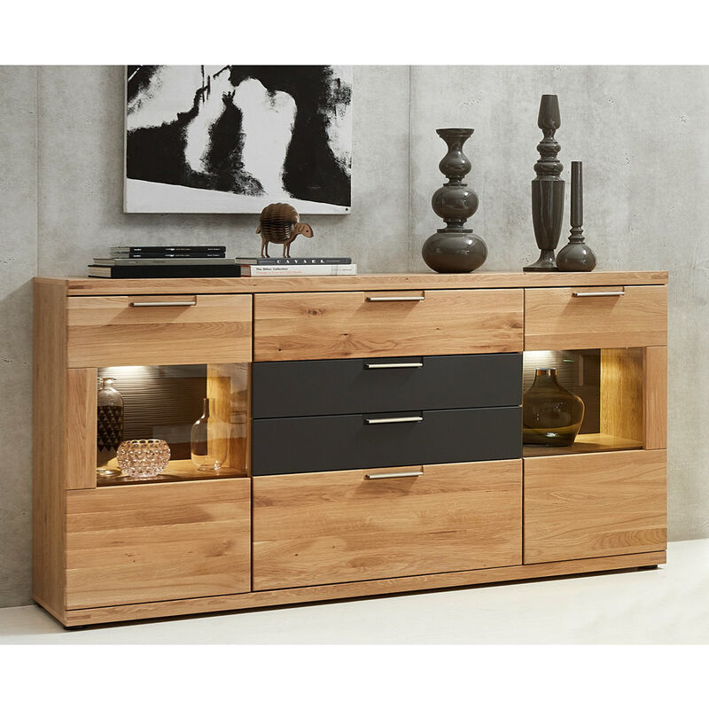 Sideboard inkl. LED-Beleuchtung BOZEN-36 Wildeiche Bianco Massivholz Fronten, B/H/T ca. 165/94/42 cm