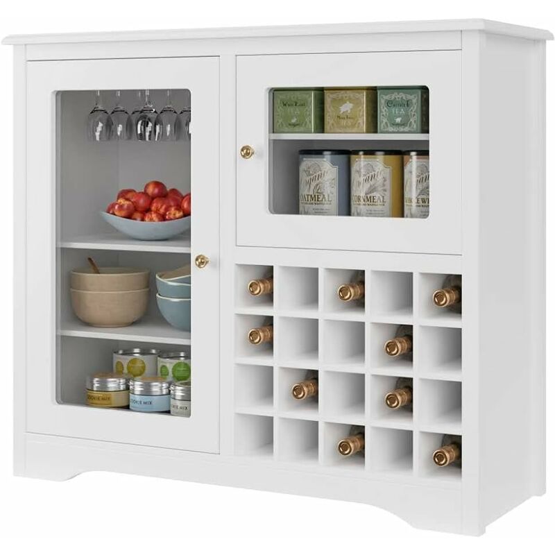 Sideboard Küchenschrank Flaschenablage und Weinglashalter Kommode Schrank weiß mit 2 Türen und verstellbaren Ablagen für Küche 94,5 x 35 x 82 cm