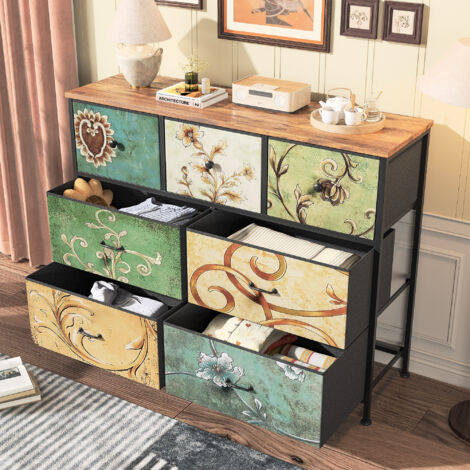 PERGAR Sideboard, Kommode, 9 Schubladen, Retro-Design, Blumenmuster, Wohnzimmer, Esszimmer. 100 x 30 x 78 cm, 360 Grad drehbares Stativ, Holzfarbe – SUNFECILI