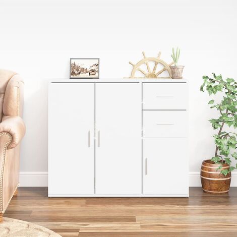 BONNEVIE Sideboard Kommode für Wohnzimmer - Schrank Anrichte Hochglanz-Weiß 91x29,5x75 cm Holzwerkstoff -FV56944