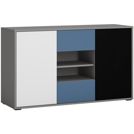 Sideboard Kommode Jugendzimmer LIIVA-129 in grau mit schwarz, weiß, blau, B/H/T: ca. 125,7/74,2/40 cm