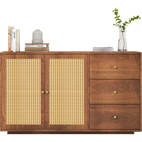 KINSI Sideboard, Kommode mit 3 Schubladen & 2 Türen, Anrichteschrank Rattan, 130x 40x 76cm