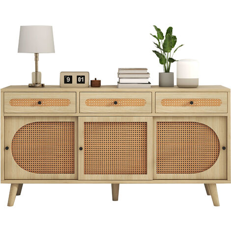 Sideboard, Kommode mit PE-Kunststoff-Rattantür und verstellbaren Einlegeböden, 3 Schubladen, 3 Schiebetüren, 140X40X78cm