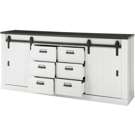 Sideboard Kommode SHELTON-61 in Pinie weiß Nb. mit anthrazit, B/H/T: ca. 201/91/43 cm