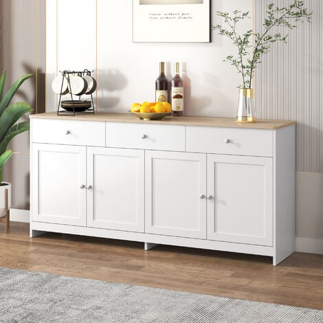 KINSI Sideboard, Kommode vier Türen, mit drei Schubladen, Holzfarbe und Weiß, 160x 37x 75cm