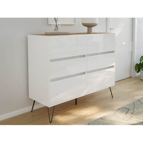 Sideboard Kommode Volo 120cm Greifraum 6 SoftClose Schubladen Weiß/Eiche Top