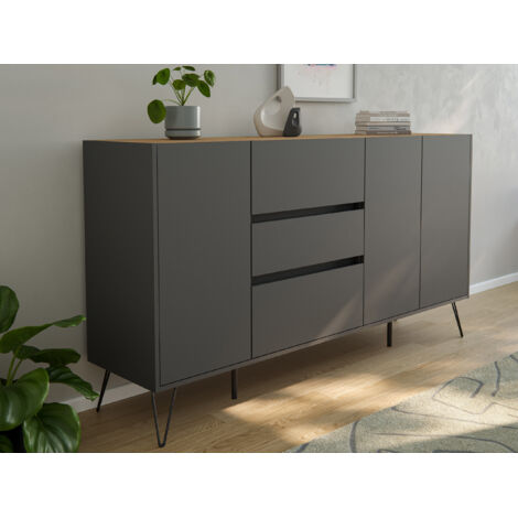 Sideboard Kommode Zuma 180cm Greifraum 3 SoftClose 3 Türen Grafit/Eiche Top