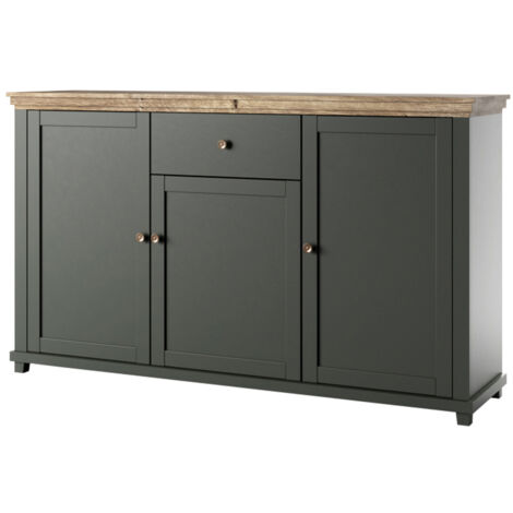 Sideboard Landhaus Design EPSOM-83 in grün mit Lefkas Eiche Nb. Knopfgriffe messingfarben, B/H/T: ca. 160/93/42 cm