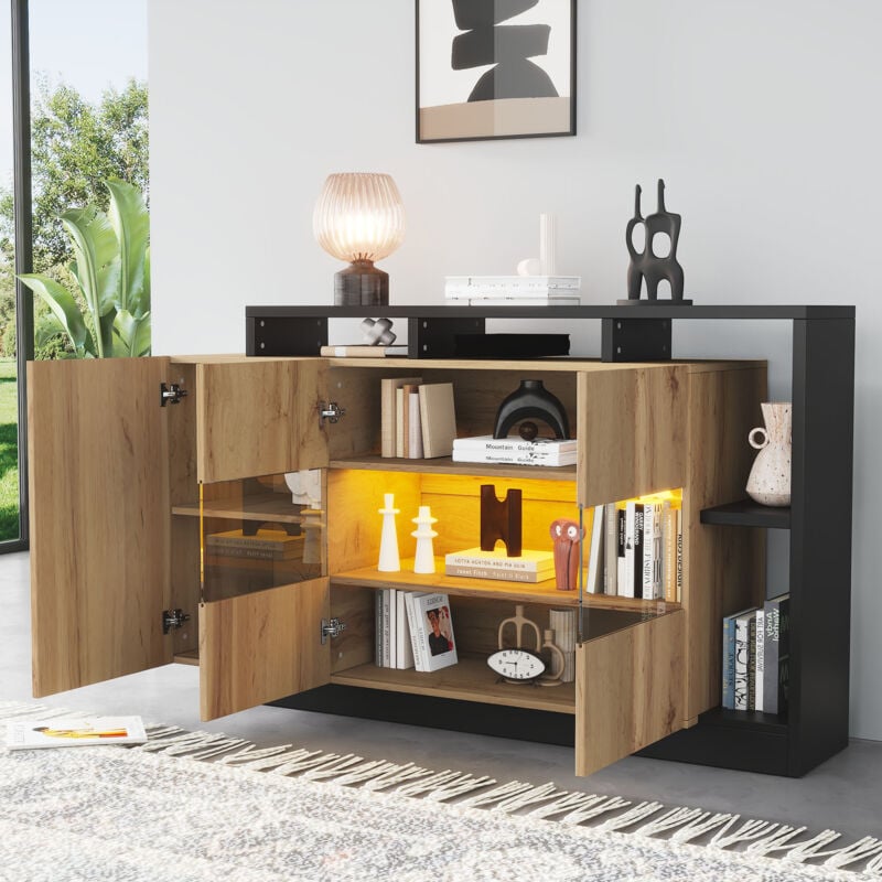 Sideboard led moderne, armoire de salle à manger en bois, avec commande Bluetooth, verre, mdf, Noir + naturel