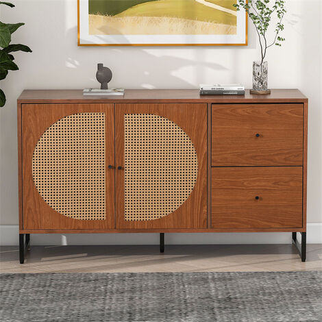 Sideboard mit 2 Design-Rattantüren und 2 Schubladen – vielseitiger Schrank mit Metallgriffen für Küche, Schlafzimmer, Wohnzimmer und Büro – 130 x 40 x 75 cm, Walnuss