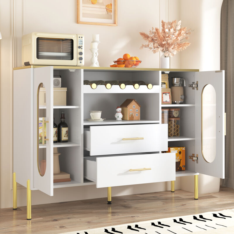 Stilvora Sideboard Mit 2 Glastüren, 2 Schubladen Und Weinregal, Goldfarbene Griffe, Verstellbarer Fuß, Mdf, 120×38×90 Cm, Weiß
