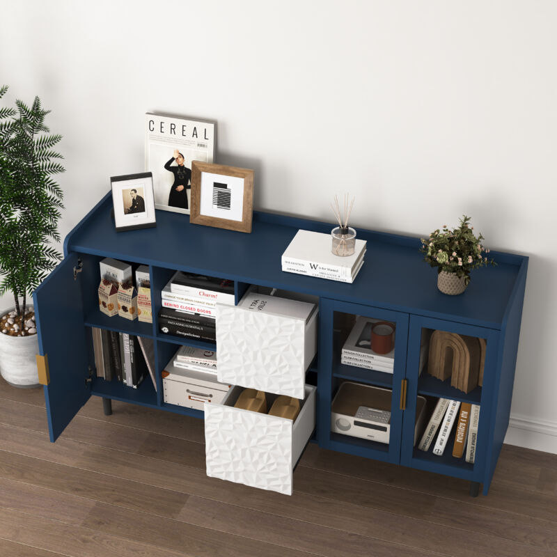 Stilvora Blau Buffet Und Anrichte Mit 2 Schubladen, 2 Offenen Fächern Und 2 Glastüren, Modern, Aus Mdf,