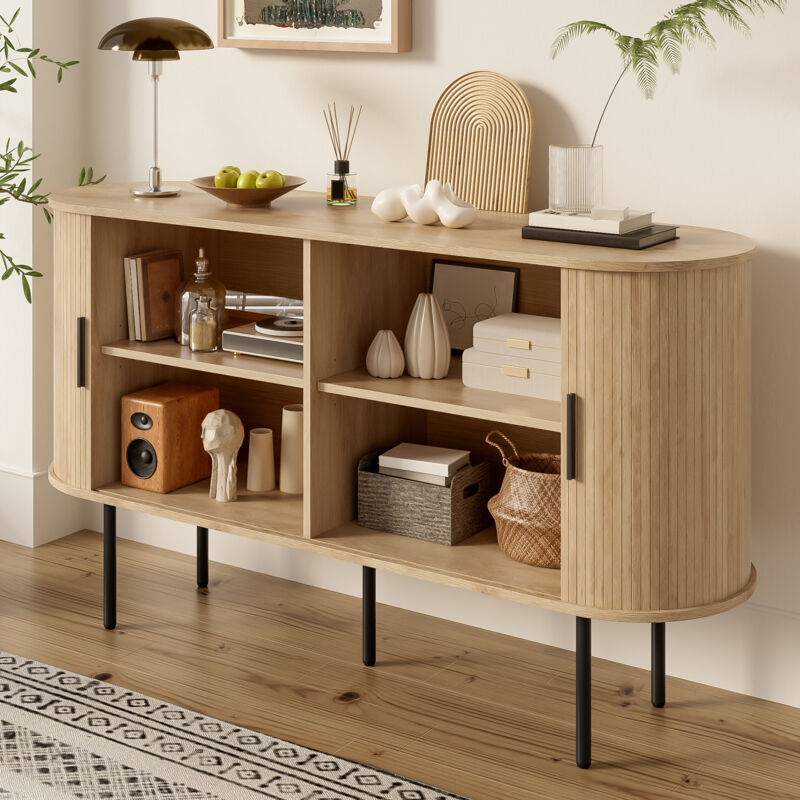 Stilvora Sideboard Mit 2 Rolltüren, Aluminiumgriffen Und Eisenbeinen, Moderner Stil, In Mdf, 140×40×78 Cm, Natur