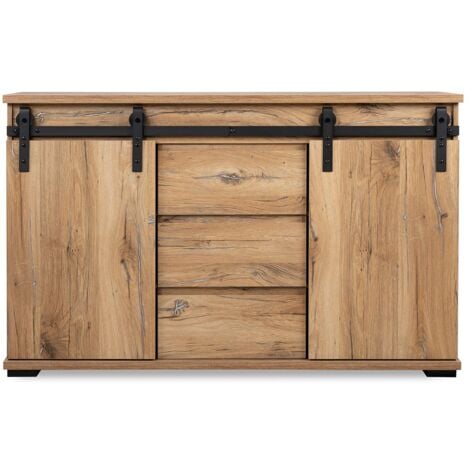 CALICOSY Sideboard mit 2 Schiebetüren und 3 zentralen Schubladen L140 cm - Manzano