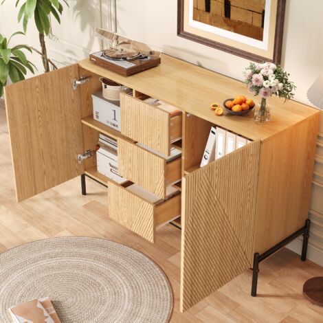Sideboard mit 2 Türen und 1 Schublade, Geometrische Fronten, Metallbeine, MDF, Natur, 115,5 x 40 x 76 cm