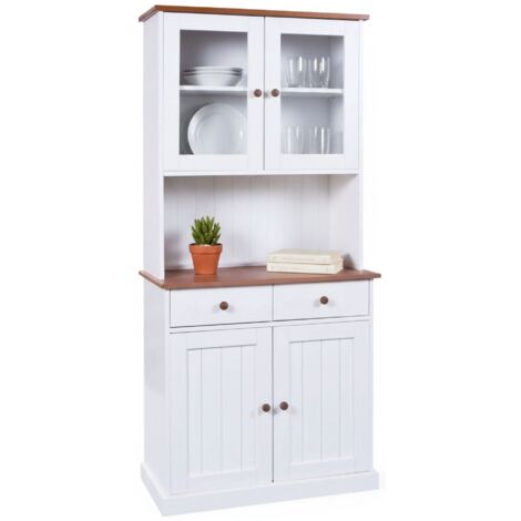 Sideboard mit 2 Türen und 2 Schubladen in weiß wasserlackierter massiver Kiefer und brauner Oberfläche