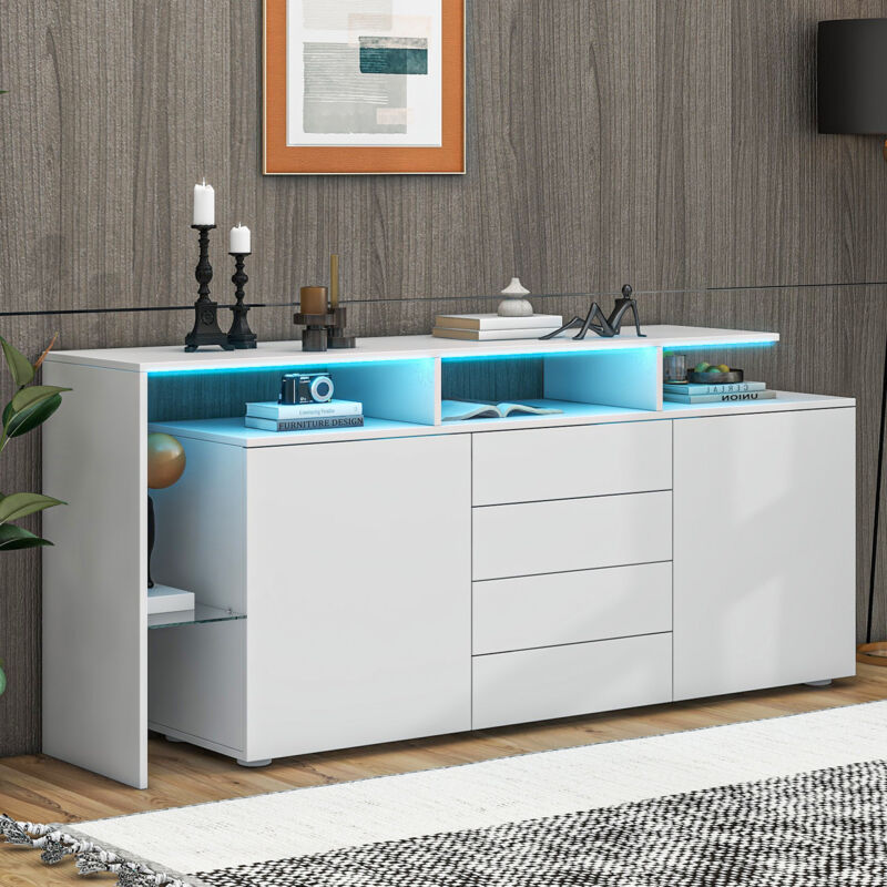 Stilvora Sideboard Mit 2 Türen, 4 Schubladen, 2 Offenen Fächern Und Led, Weiß Hochglanz, Aus Spanplatte, 160×35×70 Cm