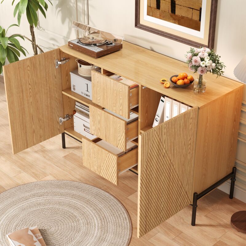 Stilvora Sideboard Mit 2 Türen Und 1 Schublade, Geometrische Front, Stabile Eisenbeine, Aus Mdf, 115, 5×40×76 Cm, Natur