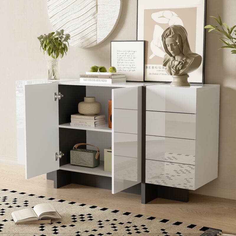Stilvora Sideboard Mit 2 Türen Und 4 Schubladen, Hochglanz-front, Modernes Design, Wohnzimmer, Aus Mdf, 150×40×80, 5 Cm, Weiß Schwarz