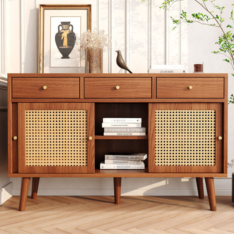 Stilvora Sideboard Mit 3 Schubladen Und 3 Schiebetüren, Rattanfronten, Verstellbare Einlegeböden, Mdf, 120×40×78 Cm, Nussbaum