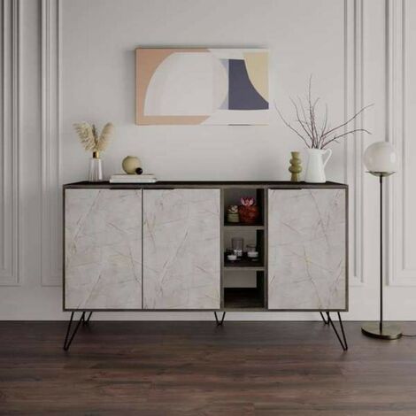 TOSCOHOME Sideboard mit 3 Türen 142 cm mit weißem Marmoreffekt und dunkler Kaffeestruktur - Clara