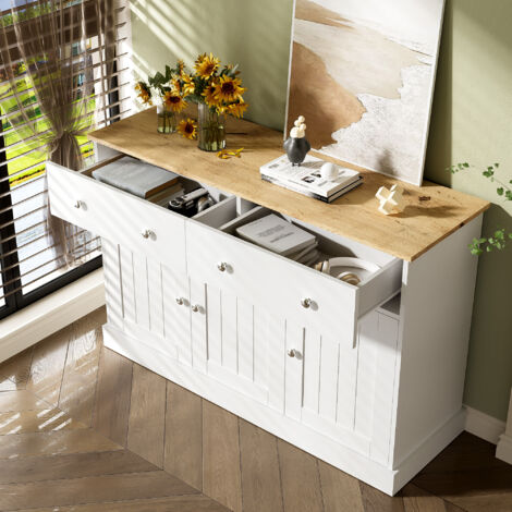 Sideboard mit 3 Türen und 2 Schubladen, Fronten in Reliefoptik, für Wohn oder Esszimmer, Weiß, 120 x 36 x 80.5 cm