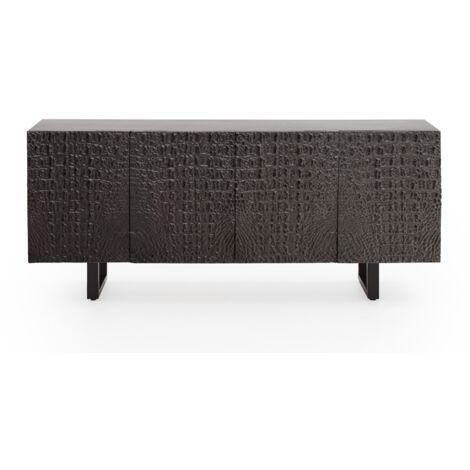 Sideboard mit 4 Türen, schwarzer Krokodiloptik, Beine aus Mangoholz und Metall
