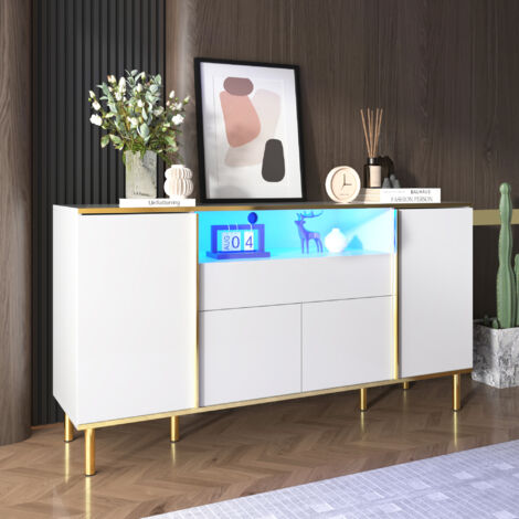 Sideboard mit 4 Türen und 1 Schublade, LED, Hochglanz und goldfarbenen Beinen, für Wohnzimmer, MDF, Weiß, 150 x 40 x 80 cm