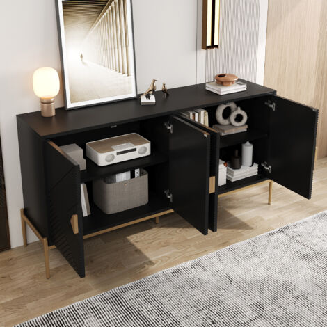 Sideboard mit 4 Türen und Metallbeinen, 3D-Geometriemuster, Modern, aus MDF/Spanplatte, Schwarz, 162×40×80 cm
