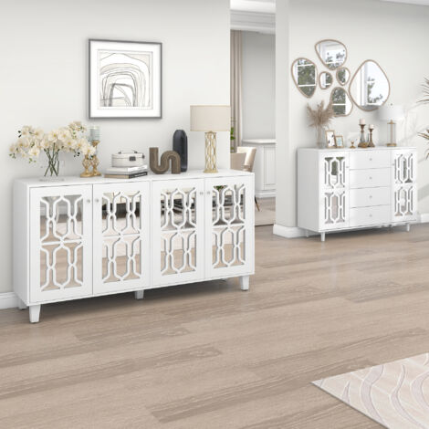 Sideboard mit 4 Türen und Verstellbarem Einlegeboden, Spiegelfront, Kristallgriffen, aus MDF, 160×40×84 cm, Weiß